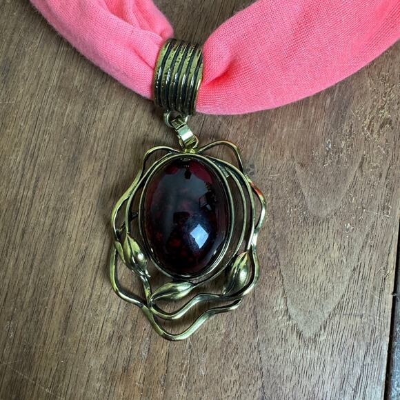 Artisan Made Pink Cloth Necklace with large Gold tone Ruby Red Pendant - Picture 6 of 7